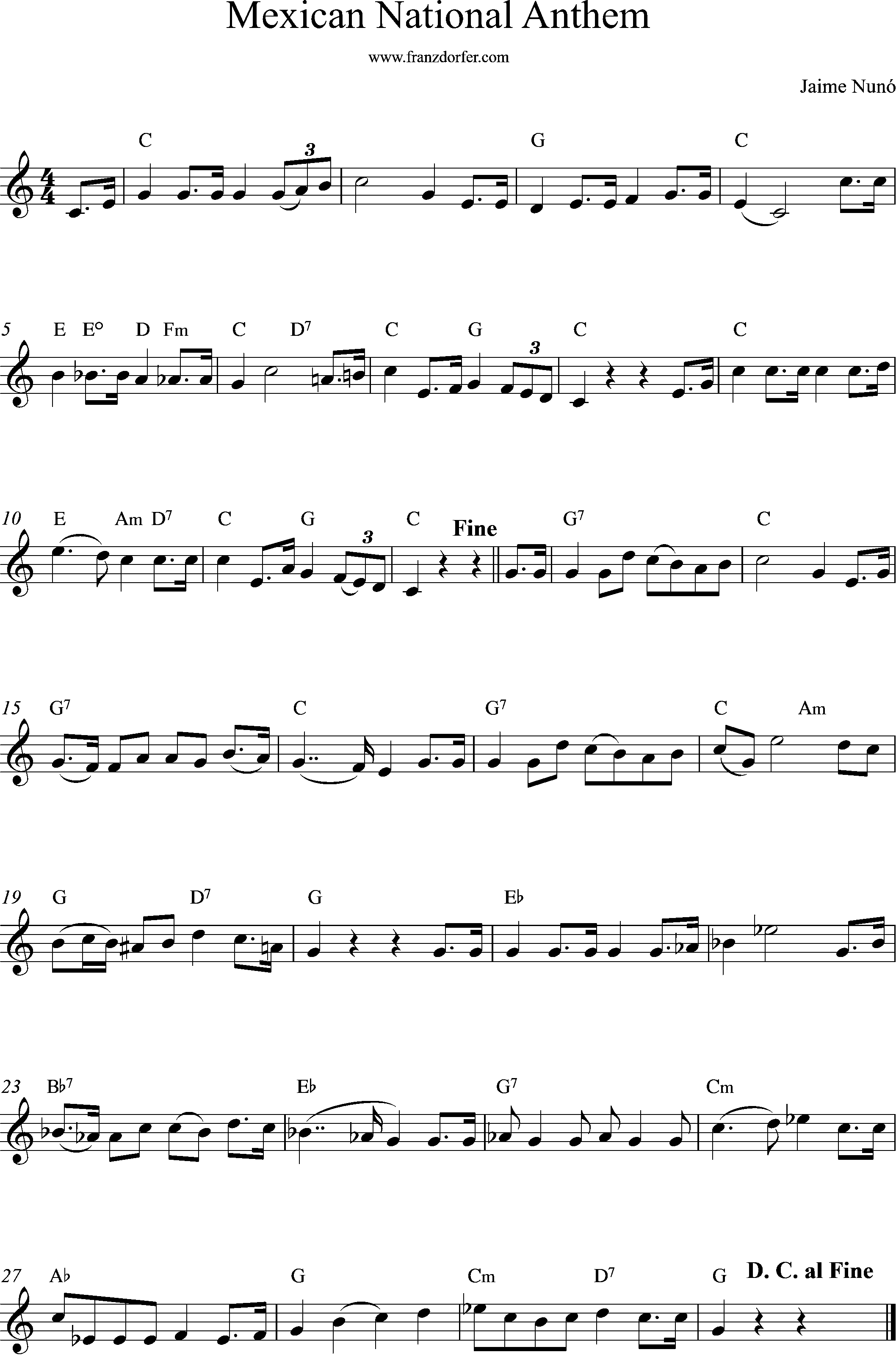 Sheetmusic Mexican National Anthem, C-Major